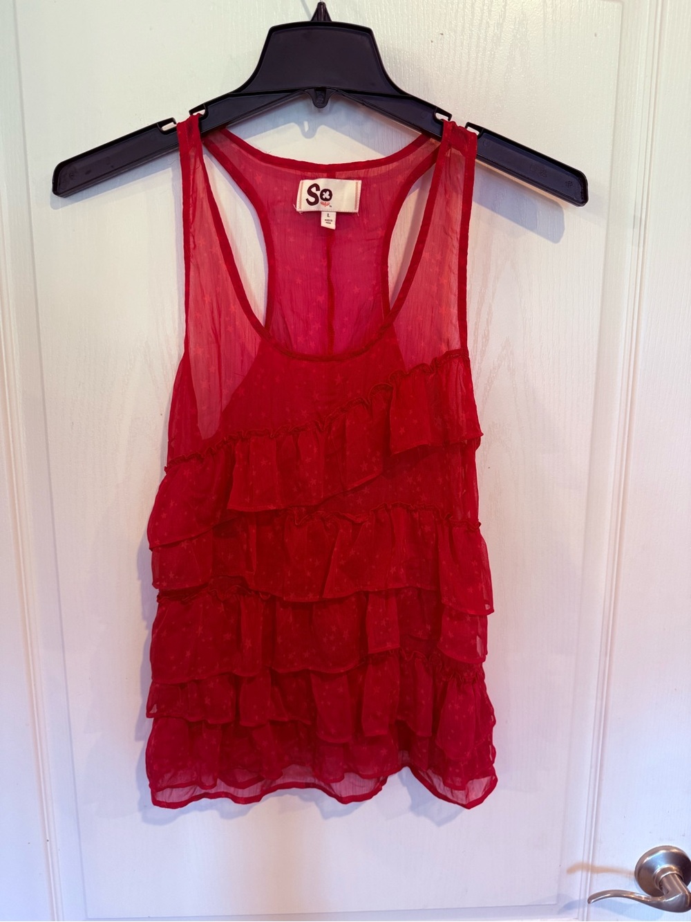 SO brand y2k 2000s sheer star print ruffle front sleeveless tank top size large